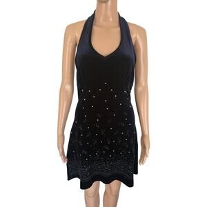 Y2K Velvet Halter Dress Rhinestone Navy Blue Floral Babydoll Bling Gothic Mini